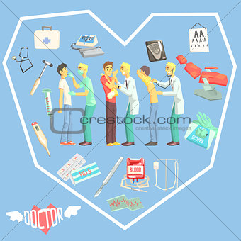 Doctors Examination Patients With Medicine Related Objects In Heart Shaped Frame