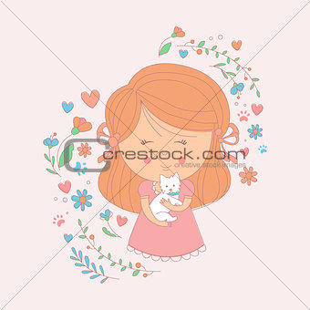 Girl Holding A Small White Dog Surrounded By Hearts And Flowers