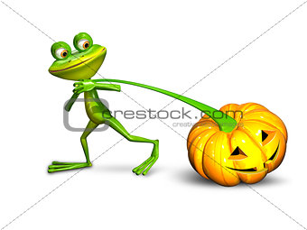 3d illustration of a frog pulling a pumpkin