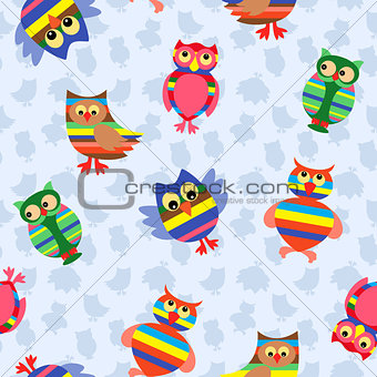 Funny colourful owl seamless pattern 