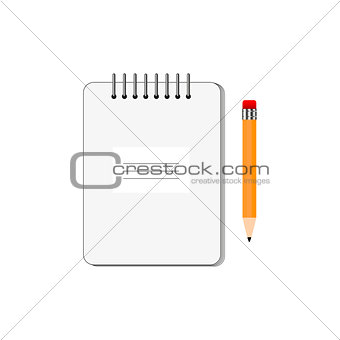 Notepad with pencil on white background