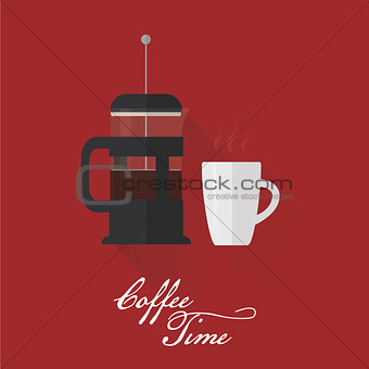 French press and coffee cup. Flat style