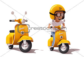 Vector realistic vintage yellow scooter and scooter driver icon