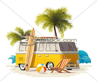 Vector realistic vintage surfer van on the beach icon