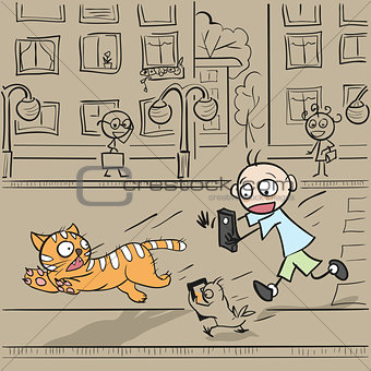 Boy with phone running for cat