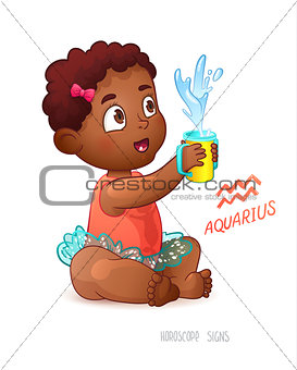 Zodiac sign Aquarius. African American Cute Girl Enjoys Splashes in Feeding Cup. Water Game