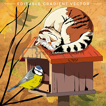 Cat and Bird Illustration