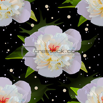 White lily on black water. Seamless floral background