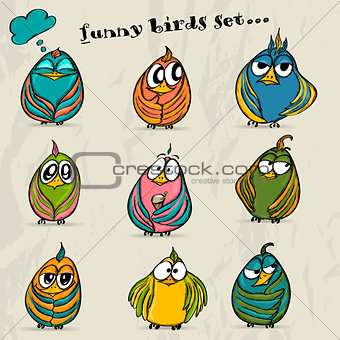 Set of 9 funny cartoon birds.