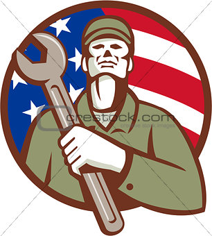 Mechanic Holding Wrench USA Flag Circle Retro