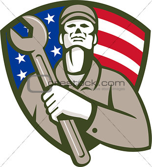 Mechanic Holding Wrench USA Flag Shield Retro