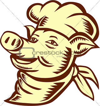 Pig Chef Cook Head Looking Up Woodcut