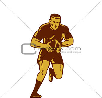 Rugby Player Running Ball Woodcut