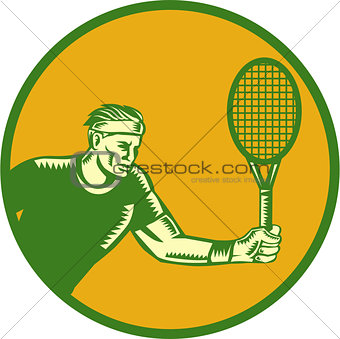 Tennis Player Forehand Circle Woodcut