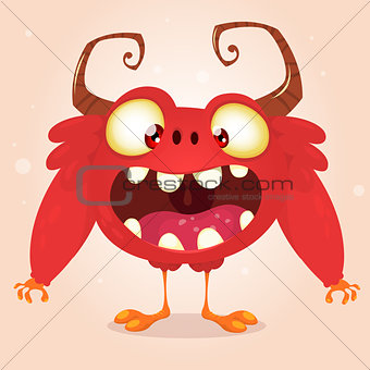 Happy cartoon red monster. Halloween vector monster with horns