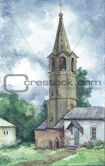 Bell tower in Russia, watercolor