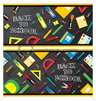 Set of back to school banners. School supplies on blackboard bac