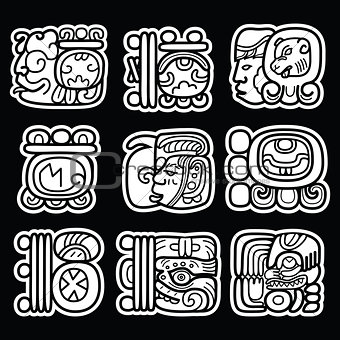 Maya glyphs, writing system and languge vector design on black background