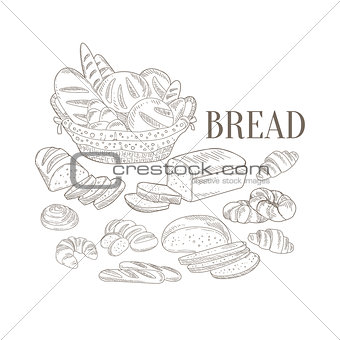 Bread Basket And Other Bakery Products Hand Drawn Realistic Sketch