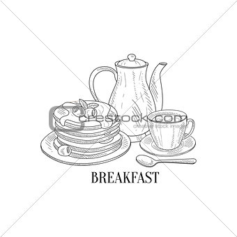 American Breakfast With Pancakes And Coffee Hand Drawn Realistic Sketch