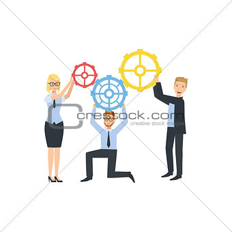 Managers Holding Connecting Gears Teamwork Illustration