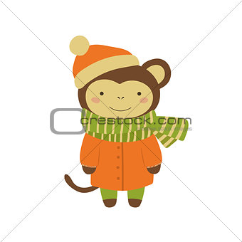 Monkey In Orange Warm Coat Childish Illustration
