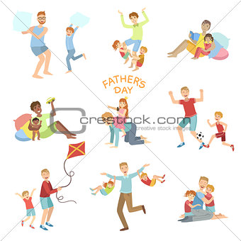 Fathers Day Illustration Set Of Dads Playing With Kids