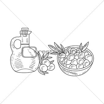 Olives And Jug Of Olive Oil Hand Drawn Realistic Sketch