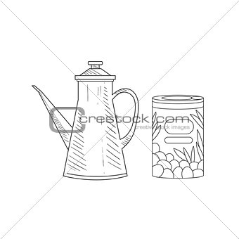 Can Of Olives And Old-school Pitcher Hand Drawn Realistic Sketch