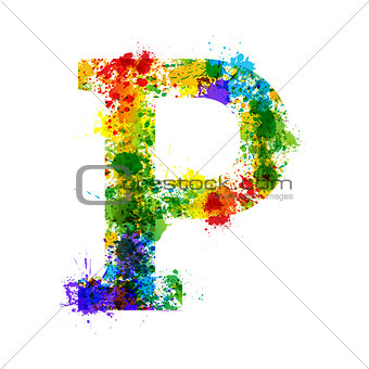 Color Paint Splashes. Gradient Vector Font. Watercolor Designer Decoration Alphabet. Ink Symbols Isolated on a White Background. Letter P
