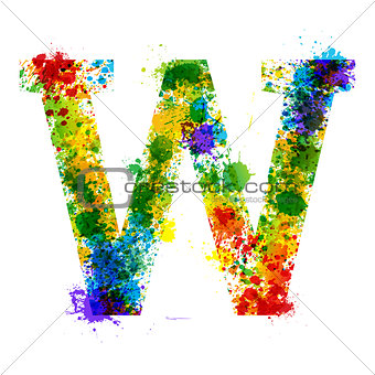 Color Paint Splashes. Gradient Vector Font. Watercolor Designer Decoration Alphabet. Ink Symbols Isolated on a White Background. Letter W