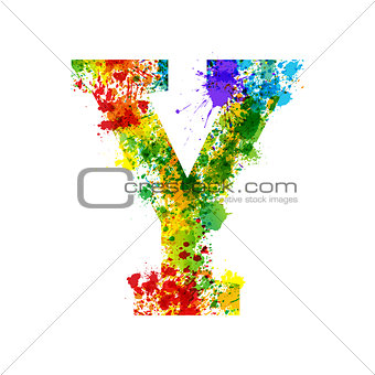 Color Paint Splashes. Gradient Vector Font. Watercolor Designer Decoration Alphabet. Ink Symbols Isolated on a White Background. Letter Y