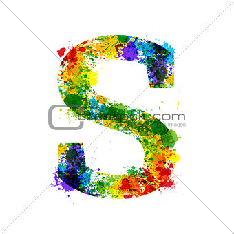 Color Paint Splashes. Gradient Vector Font. Watercolor Designer Decoration Alphabet. Ink Symbols Isolated on a White Background. Letter S