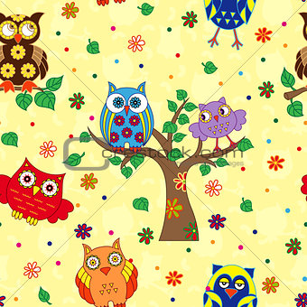 Colourful owl and tree seamless pattern over yellow