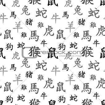 Chinese zodiac symbols, black hieroglyphs, seamless pattern