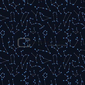 Bright blue constellations on night sky, seamless pattern