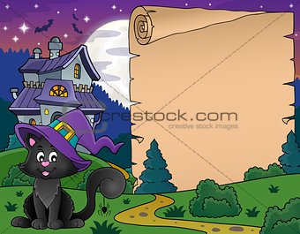 Halloween parchment with cat and house