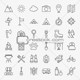 Hiking and Outdoor Line Icons Set