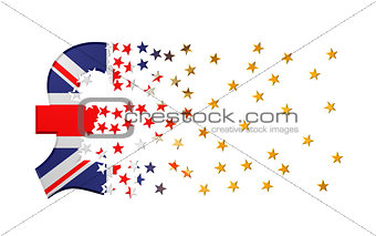 Pound Sterling Sign Falling Apart To Gold Stars Over White Background