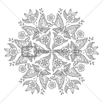 Mendie Mandala with butterflies and flowers. For coloring book.