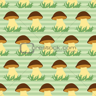 Seamless pattern with porcini on green striped background.
