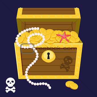 Pirate treasure chest full of gold coins and pearl vector.