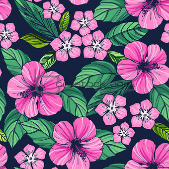 Tropical seamless pattern with exotic plants and hibiscus flowers.
