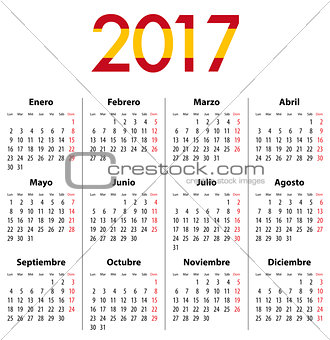 Spanish Calendar for 2017. Mondays first.