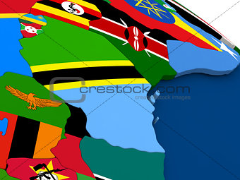 Tanzania on globe with flags