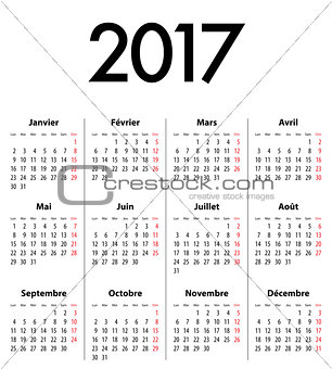 French Calendar grid for 2017 year