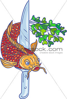 Koi Nishikigoi Carp Fish Microgreen Tail Knife Drawing