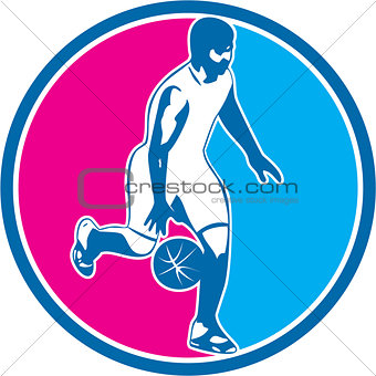Basketball Player Dribbling Ball Circle Retro