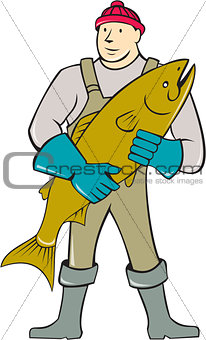 Fishmonger Standing Salmon Fish Cartoon