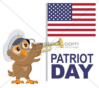 Patriot Day USA. Owl bugler in white cap plays horn